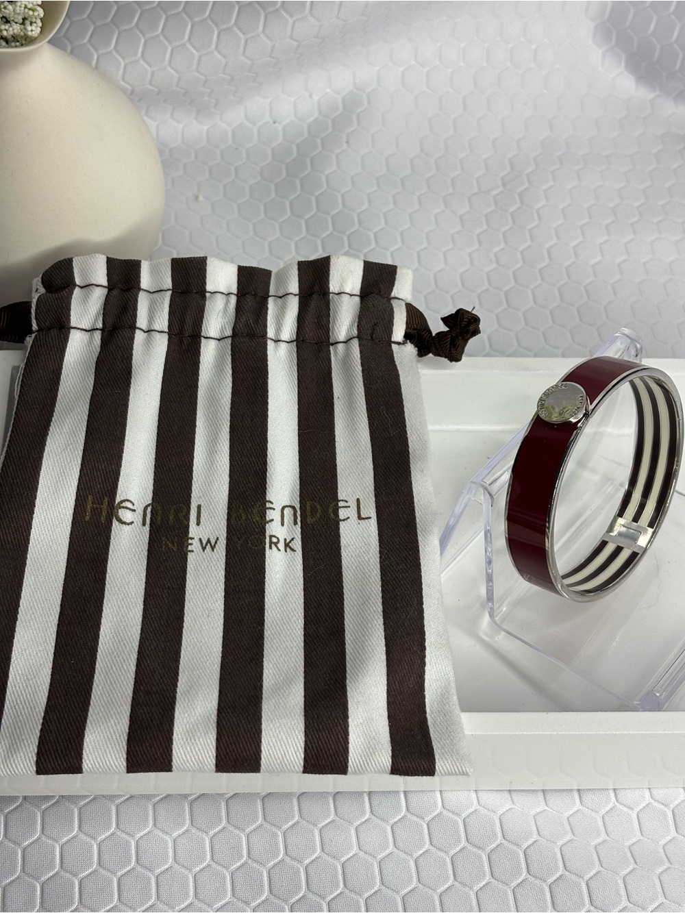 Henri Bendel Burgundy Enamel Bangle With Silver Accents.